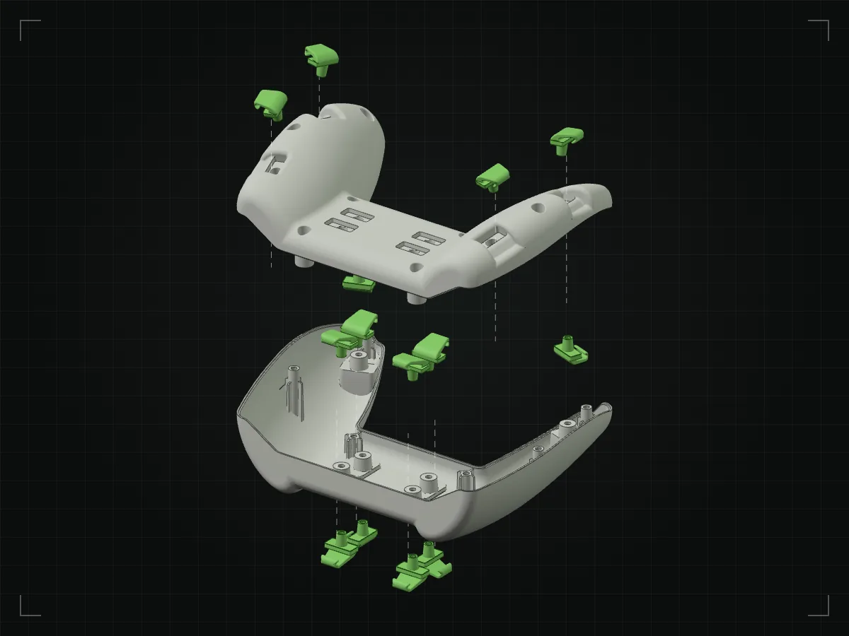 Exploded CAD view of the G Hands controller: the top and bottom shell halves pulled apart, with the six band hooks and eight centre-bar clips shown in green on dashed lines to where they mount.